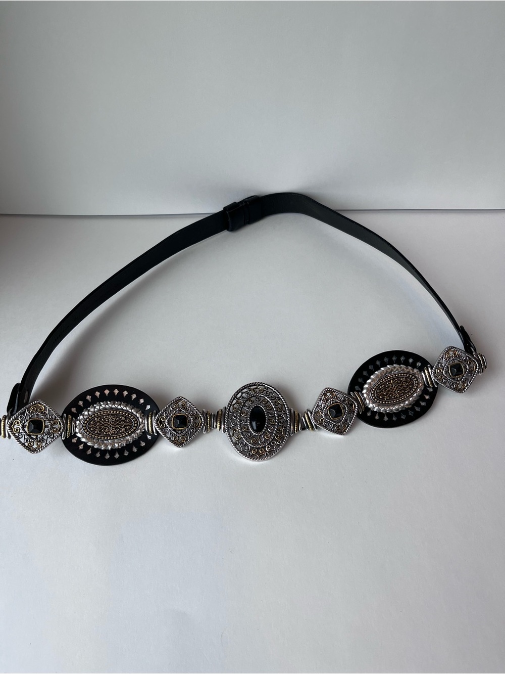 Chico’s Black Silver Gold Statement Belt Adjustable